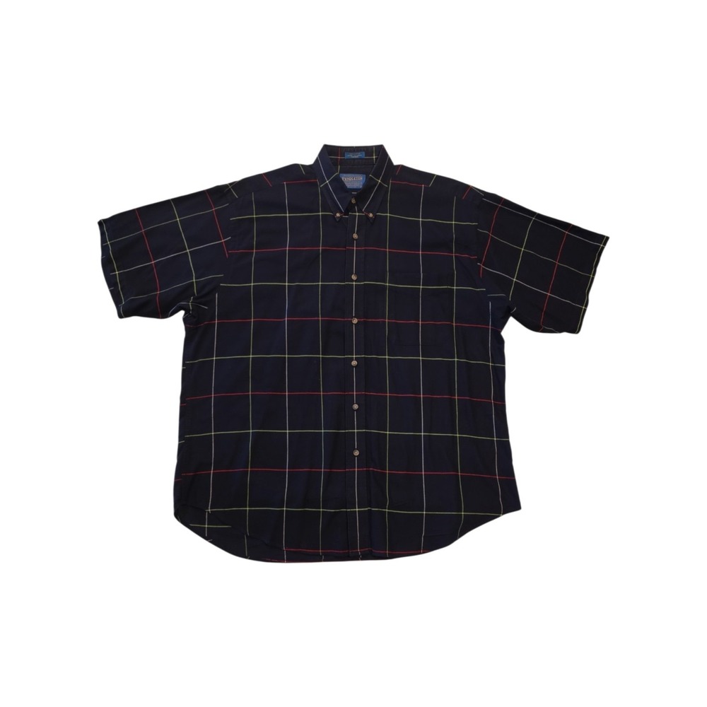 Pendleton Mens Large Navy Windowpane Plaid Short Sleeve Button Down Shirt